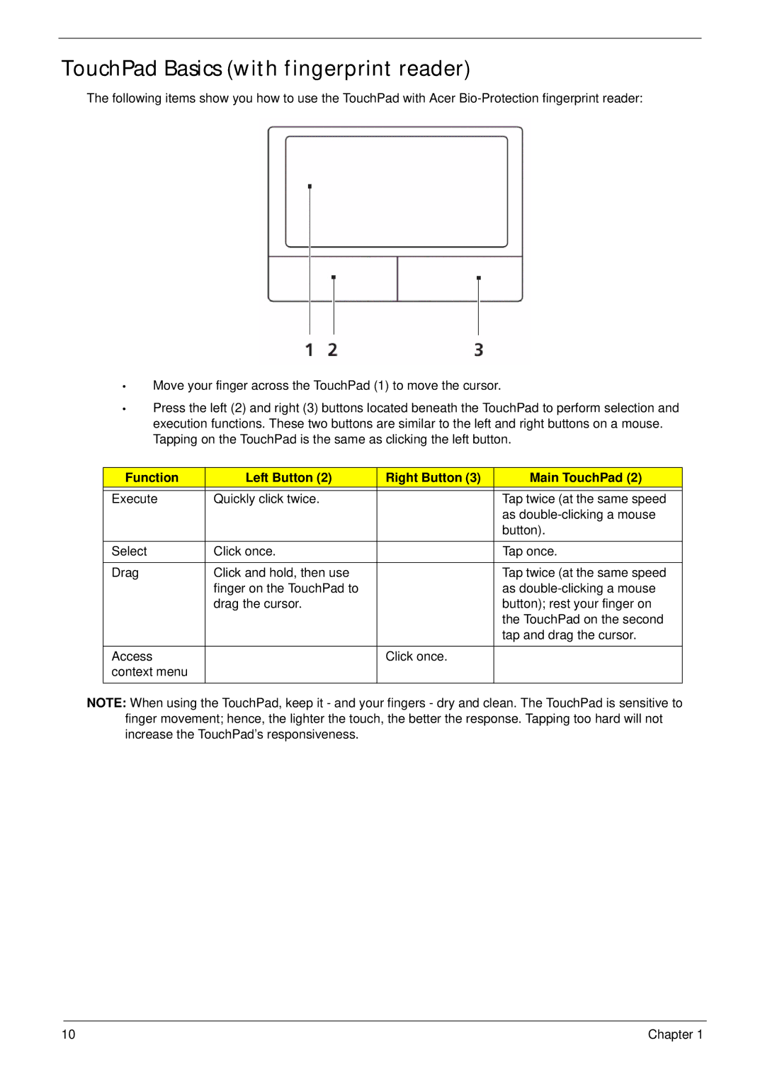 Acer 5515 manual TouchPad Basics with fingerprint reader, Function Left Button Right Button Main TouchPad 