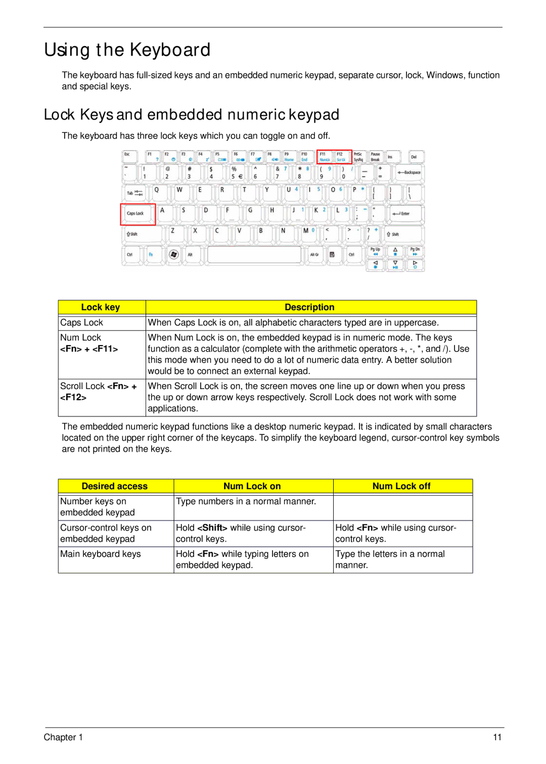 Acer 5515 manual Using the Keyboard, Lock Keys and embedded numeric keypad 