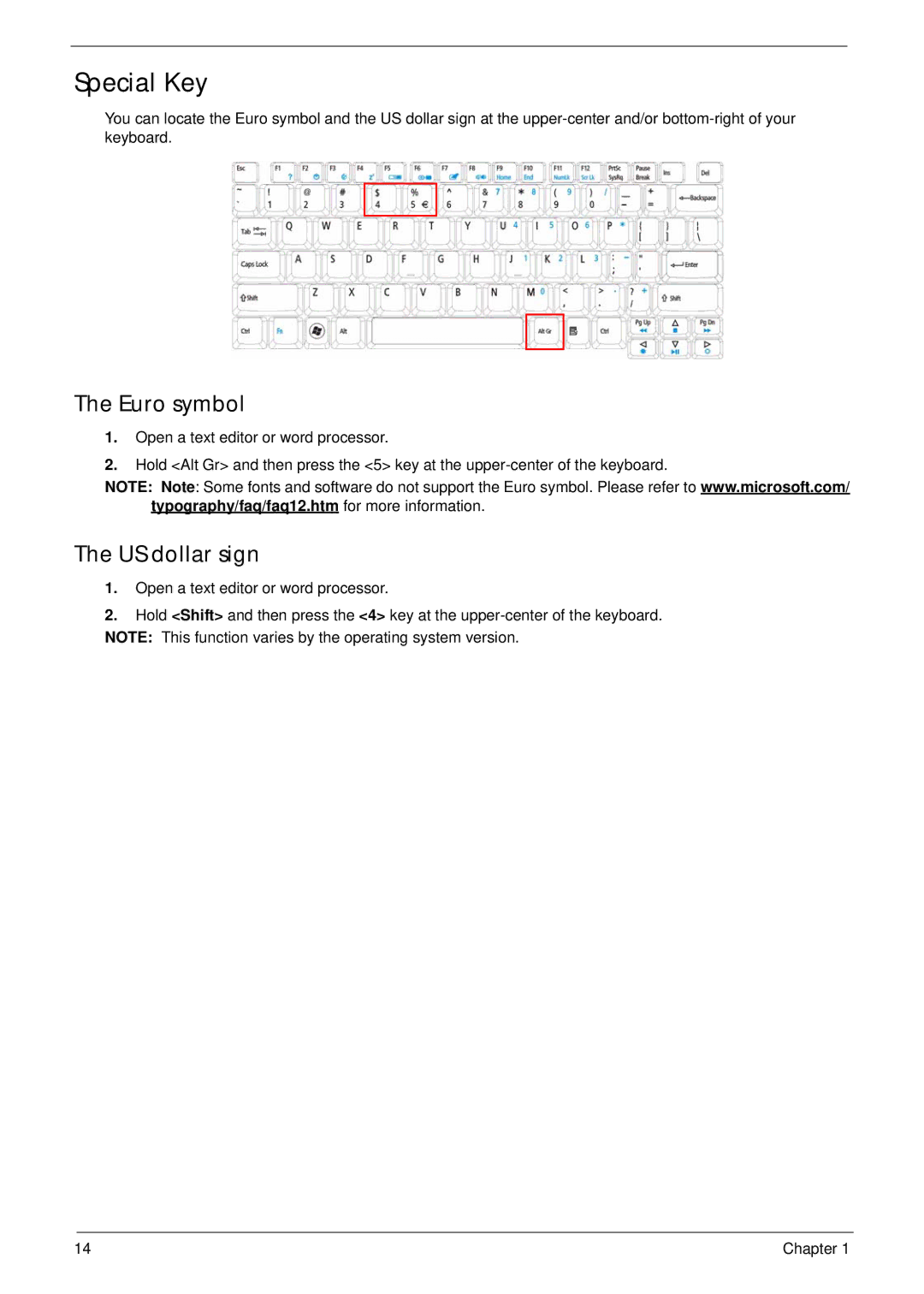 Acer 5515 manual Special Key, Euro symbol, US dollar sign 