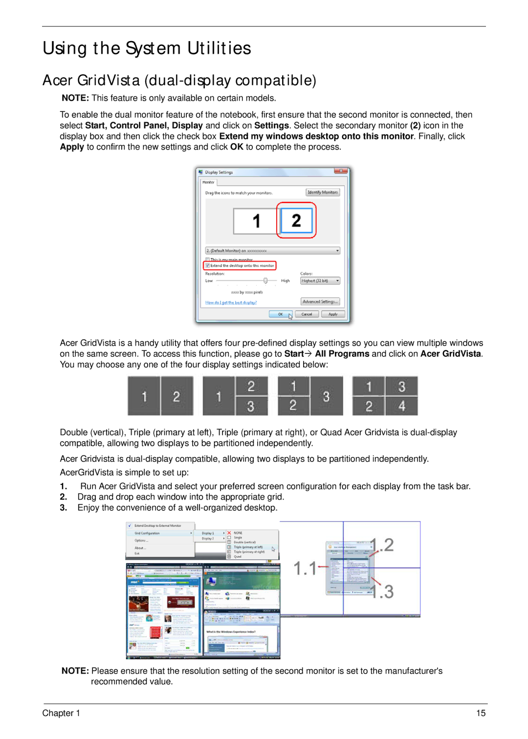 Acer 5515 manual Using the System Utilities, Acer GridVista dual-display compatible 
