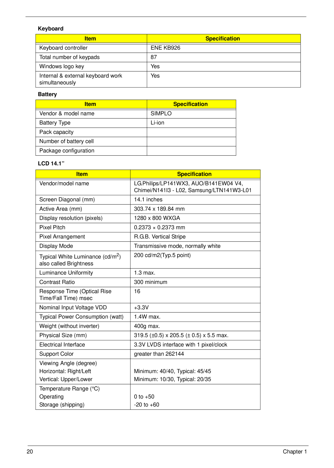 Acer 5515 manual Keyboard Specification, Battery Specification, LCD Specification 