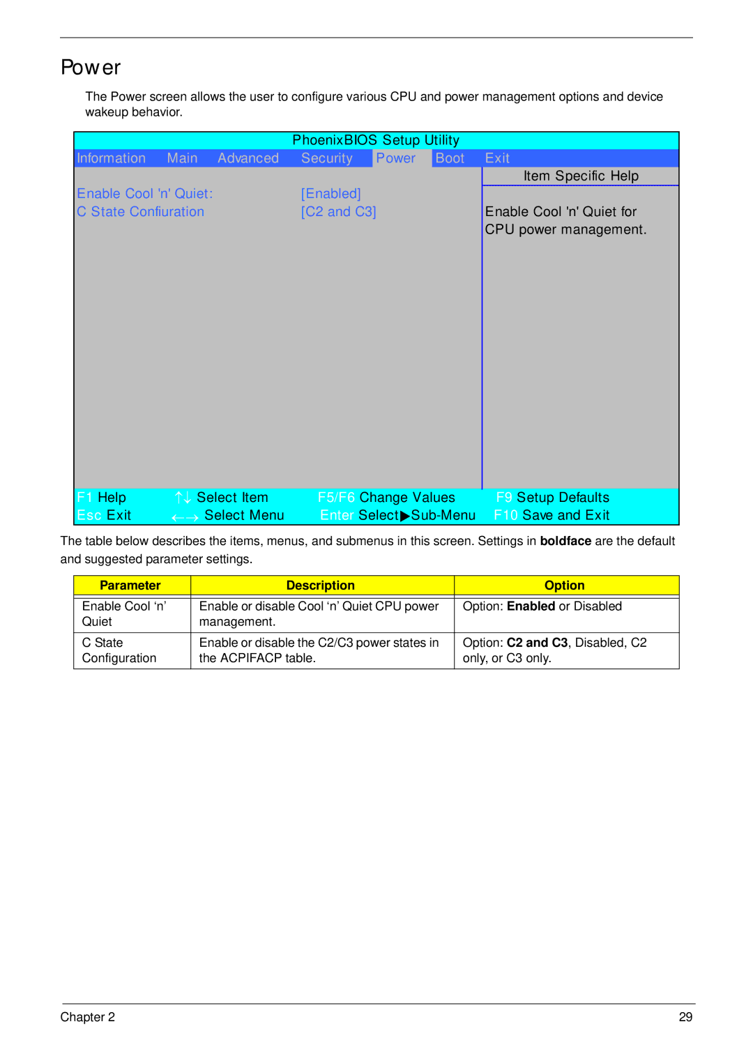 Acer 5515 manual Power, Boot Exit 