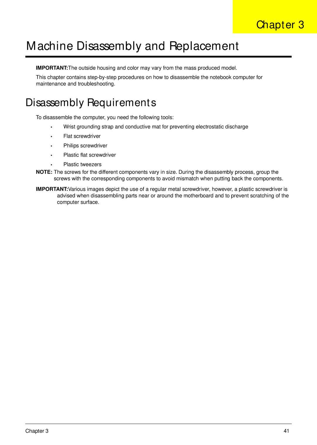 Acer 5515 manual Machine Disassembly and Replacement, Disassembly Requirements 