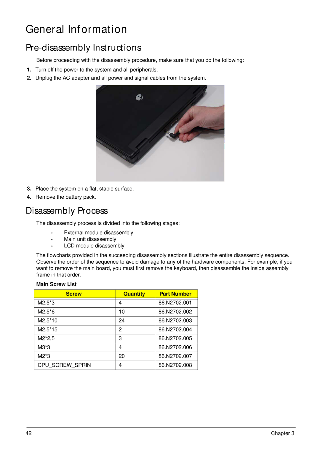 Acer 5515 General Information, Pre-disassembly Instructions, Disassembly Process, Main Screw List Quantity Part Number 