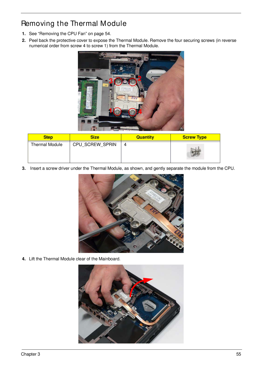 Acer 5515 manual Removing the Thermal Module, Step Size Quantity Screw Type Thermal Module 