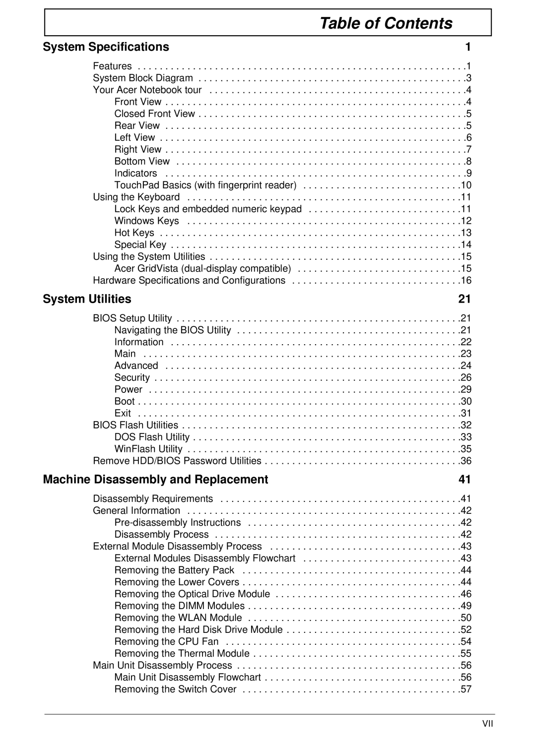 Acer 5515 manual Table of Contents 