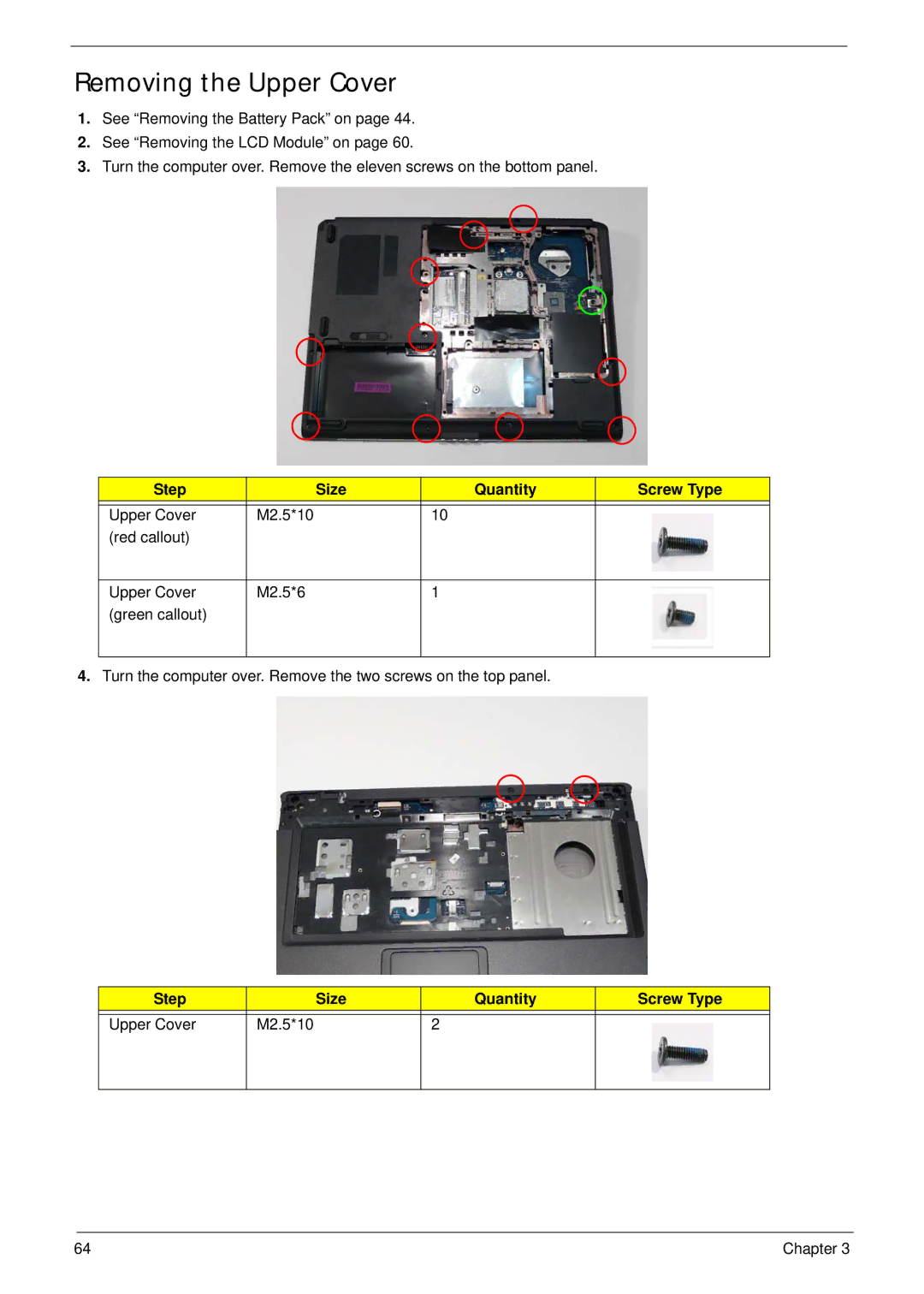 Acer 5515 manual Removing the Upper Cover, Step Size Quantity Screw Type Upper Cover M2.5*10 