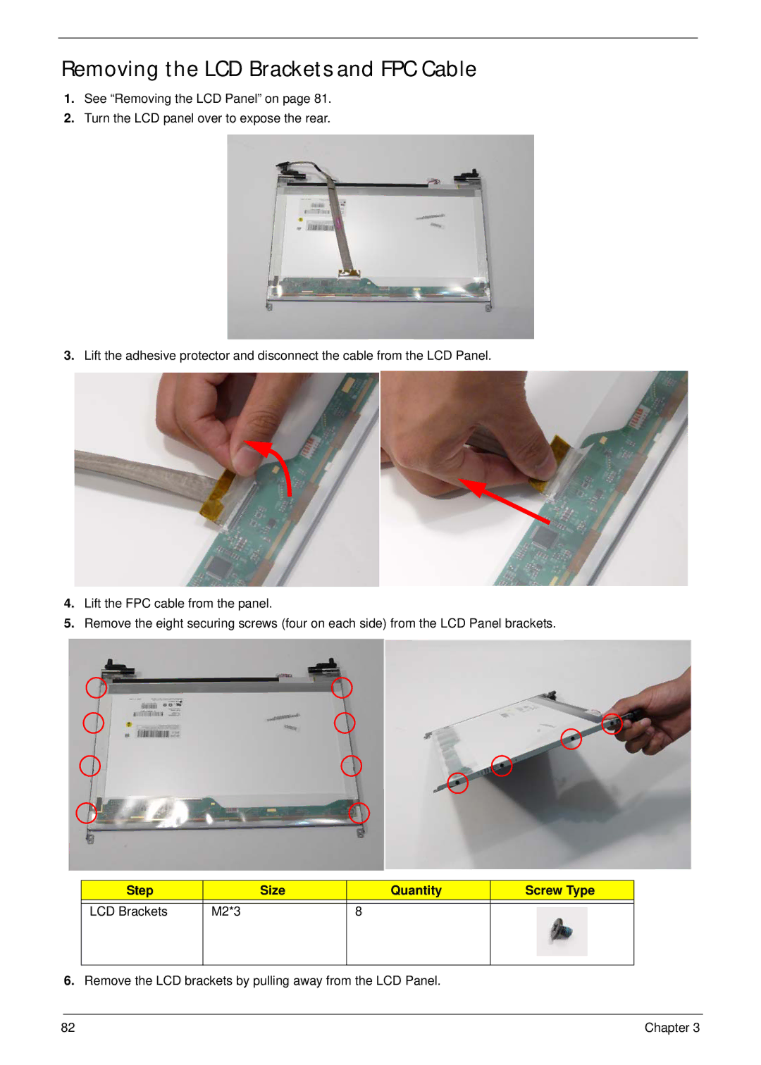 Acer 5515 manual Removing the LCD Brackets and FPC Cable, Step Size Quantity Screw Type LCD Brackets M2*3 