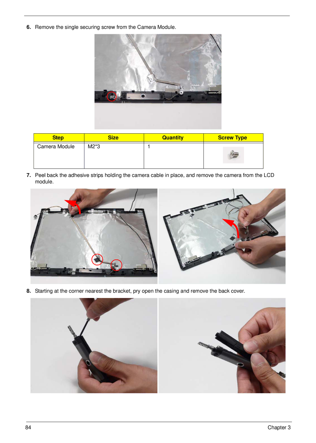 Acer 5515 manual Step Size Quantity Screw Type Camera Module M2*3 