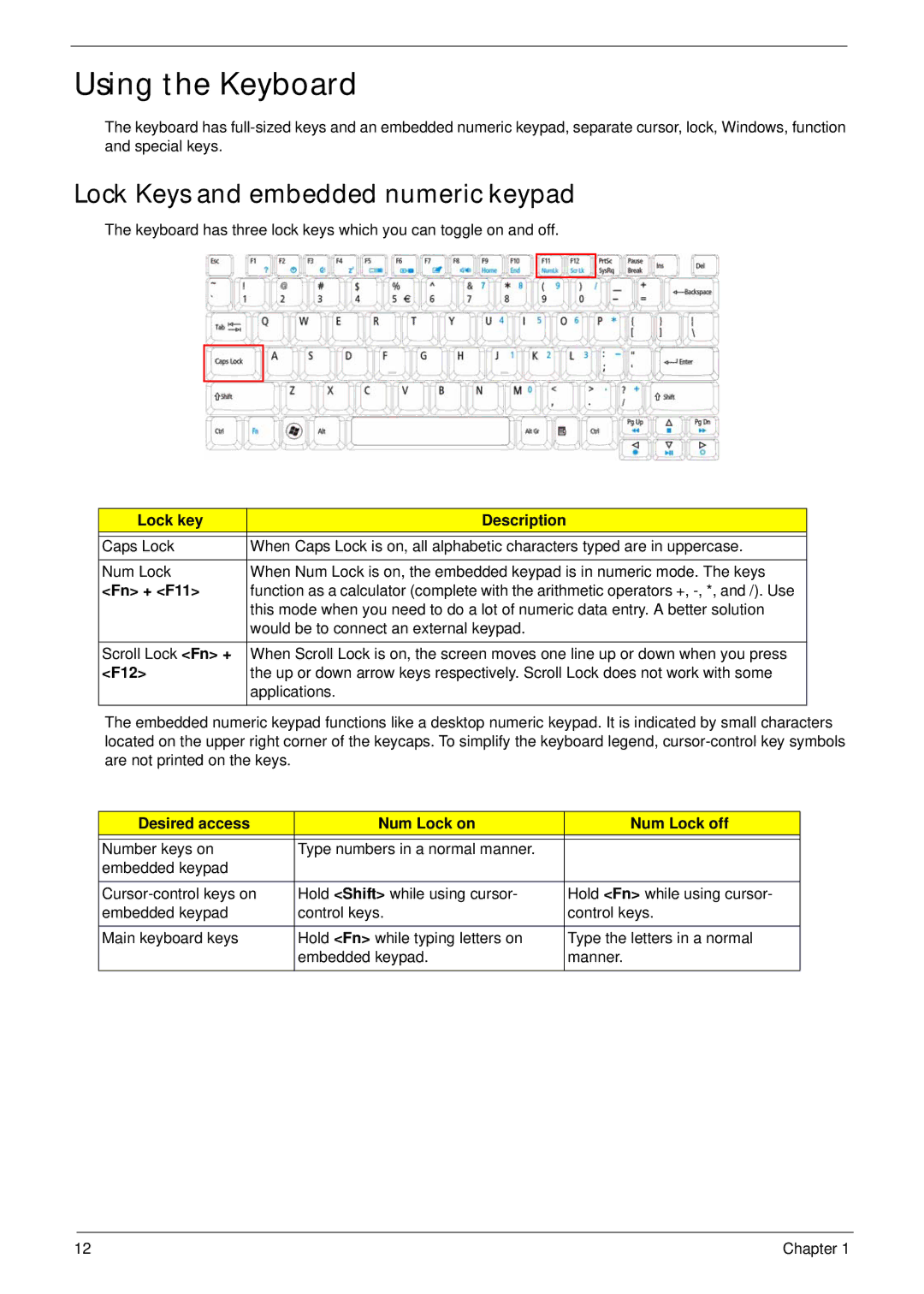 Acer 5517 manual Using the Keyboard, Lock Keys and embedded numeric keypad 