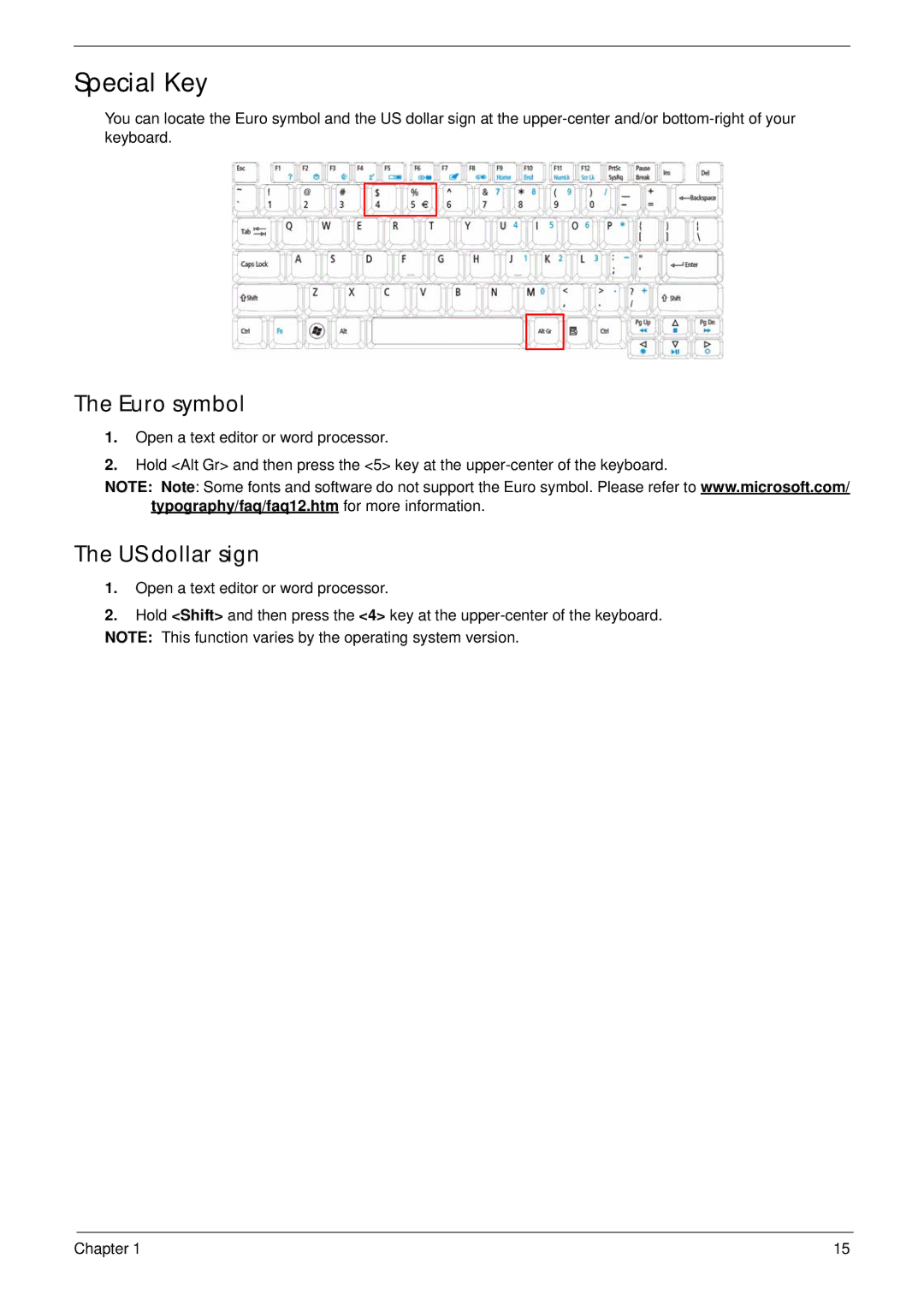 Acer 5517 manual Special Key, Euro symbol, US dollar sign 