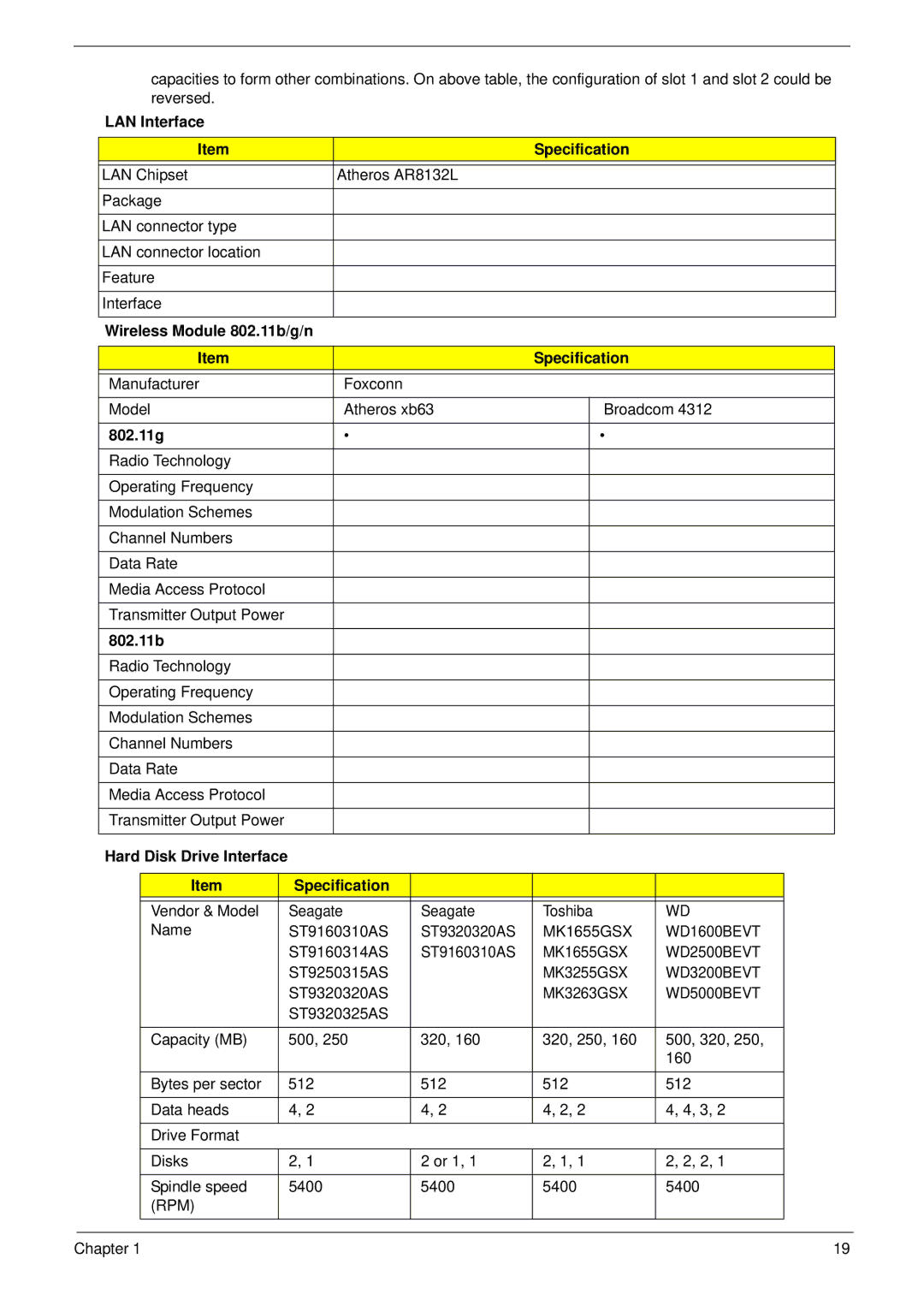 Acer 5517 manual LAN Interface Specification, Wireless Module 802.11b/g/n Specification, 802.11g 