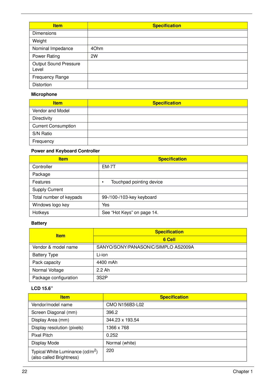 Acer 5517 manual Microphone Specification, Power and Keyboard Controller Specification, Battery Specification Cell 