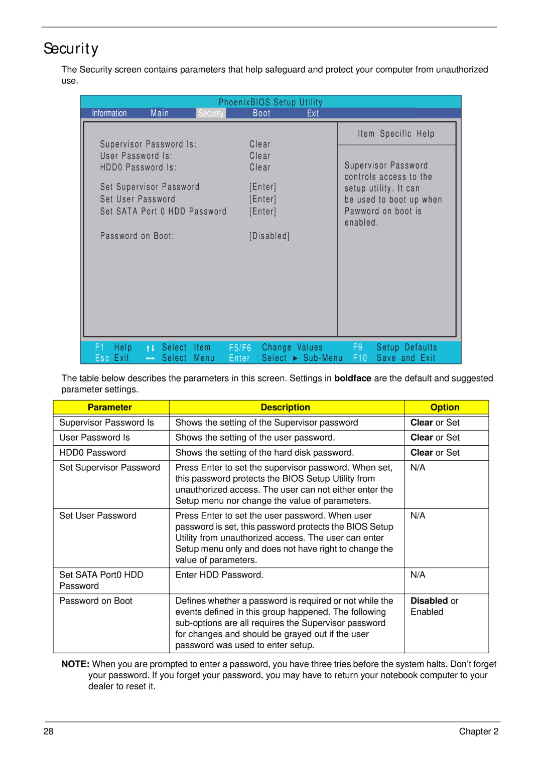 Acer 5517 manual Security, Parameter Description Option, Clear or Set, Disabled or 