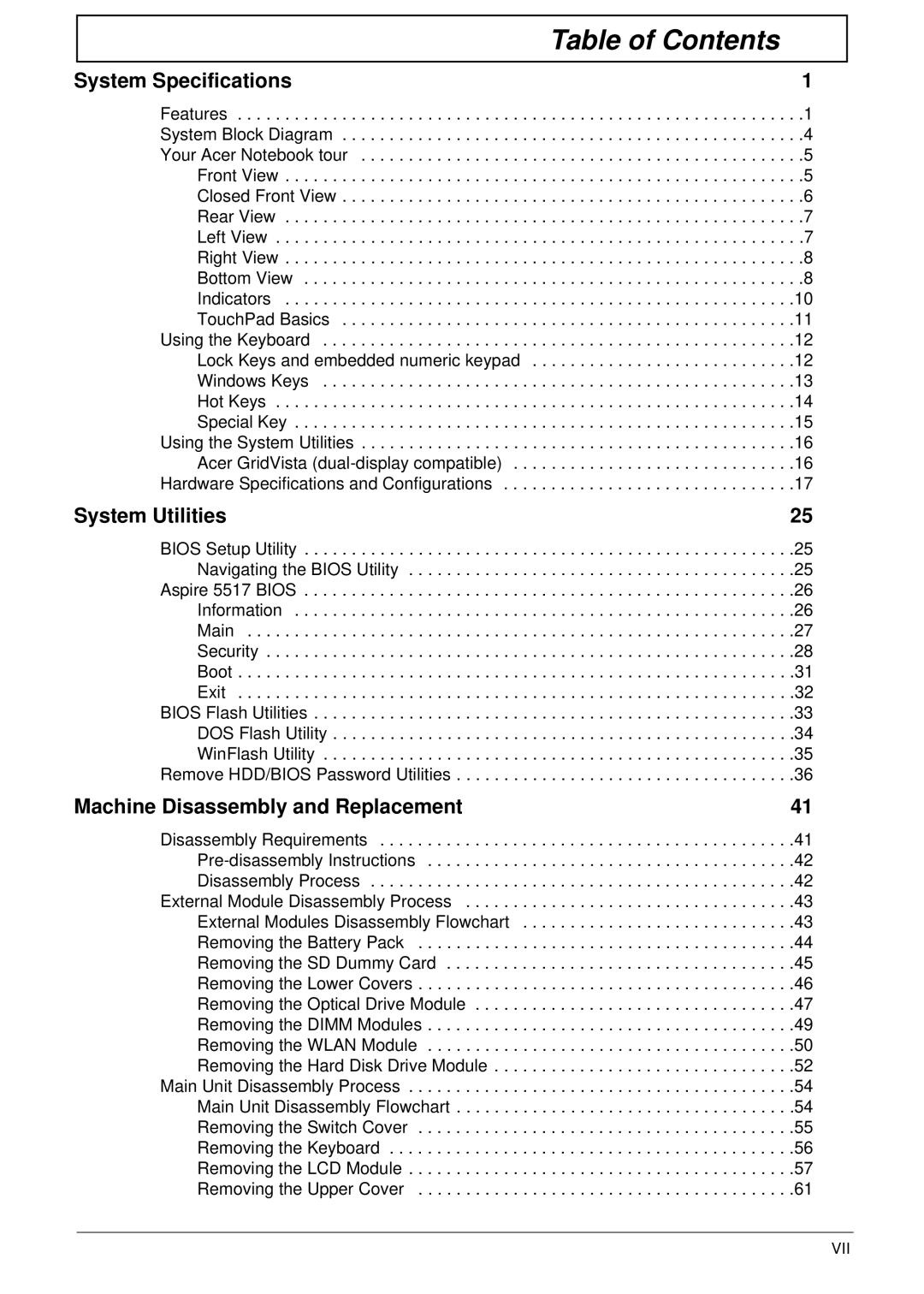 Acer 5517 manual Table of Contents 