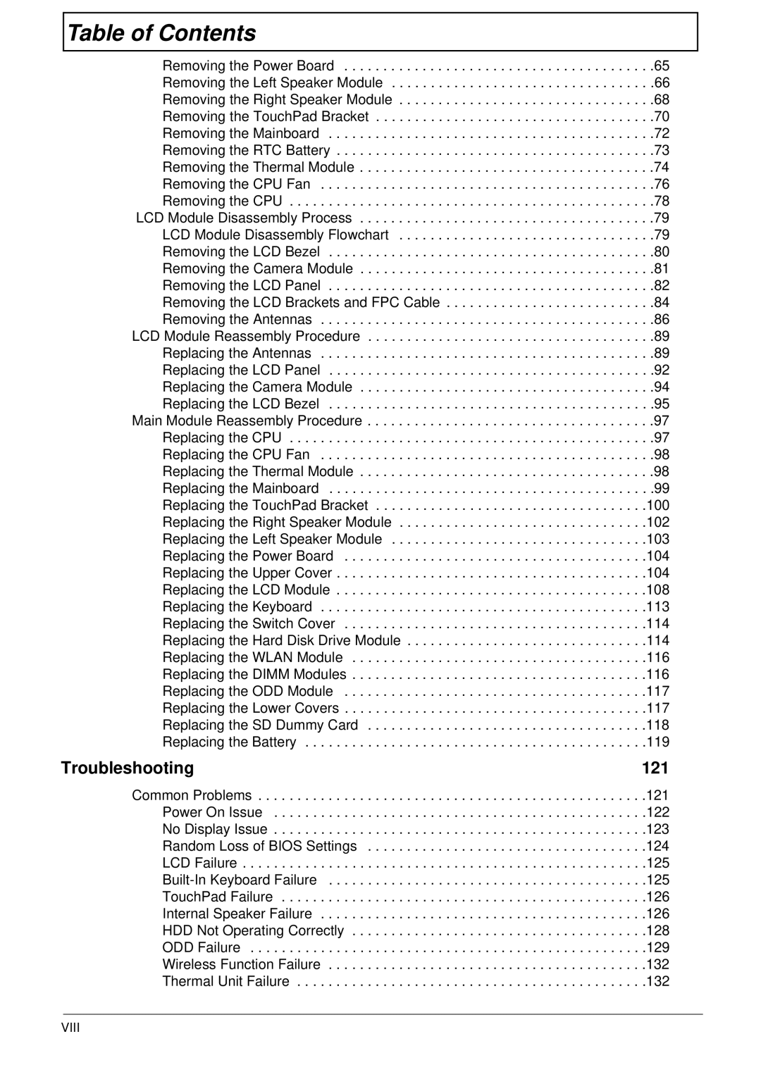 Acer 5517 manual Troubleshooting 121, Viii 