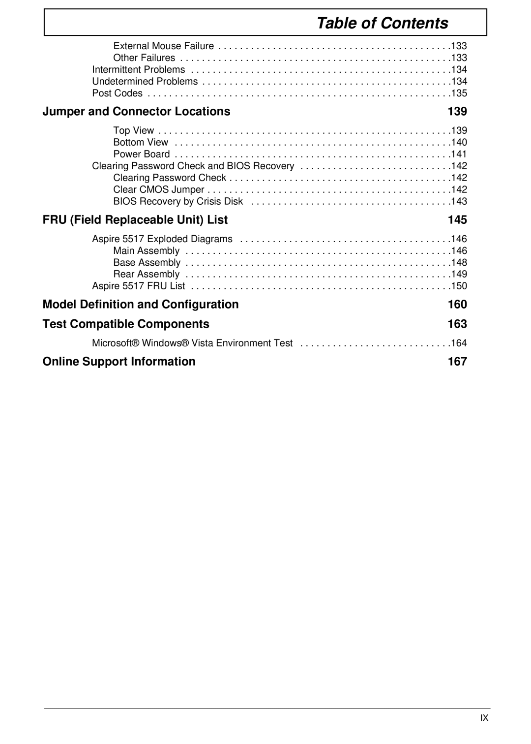 Acer 5517 manual Jumper and Connector Locations 139, Microsoft Windows Vista Environment Test 