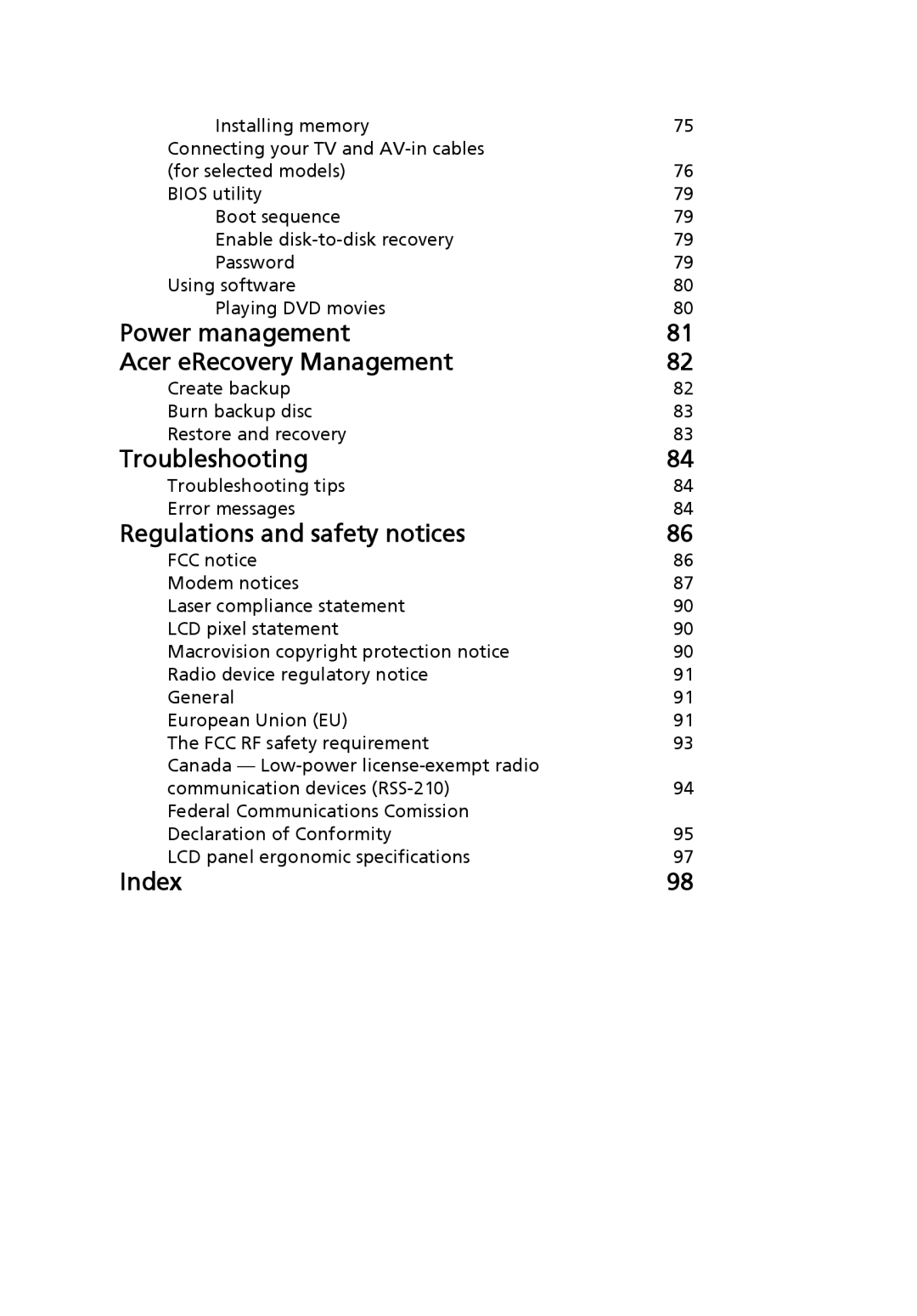 Acer 5520G, 5220 manual Power management Acer eRecovery Management 