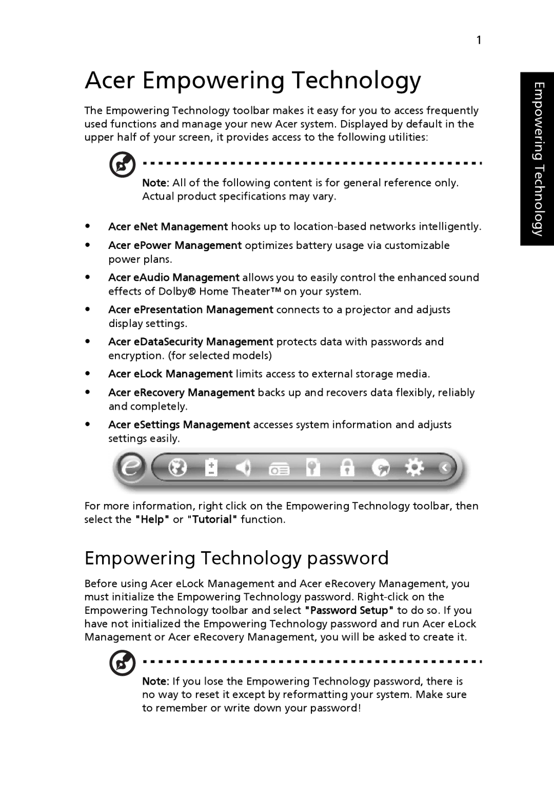 Acer 5520G, 5220 manual Acer Empowering Technology, Empowering Technology password 