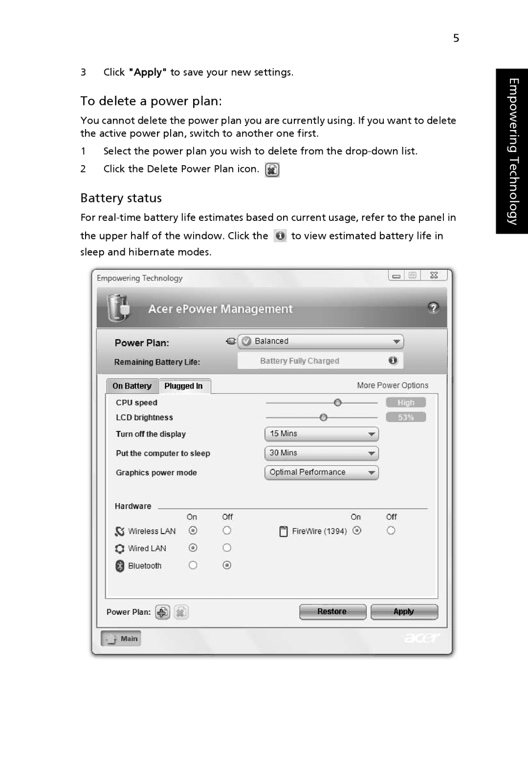 Acer 5220, 5520G manual To delete a power plan, Battery status 