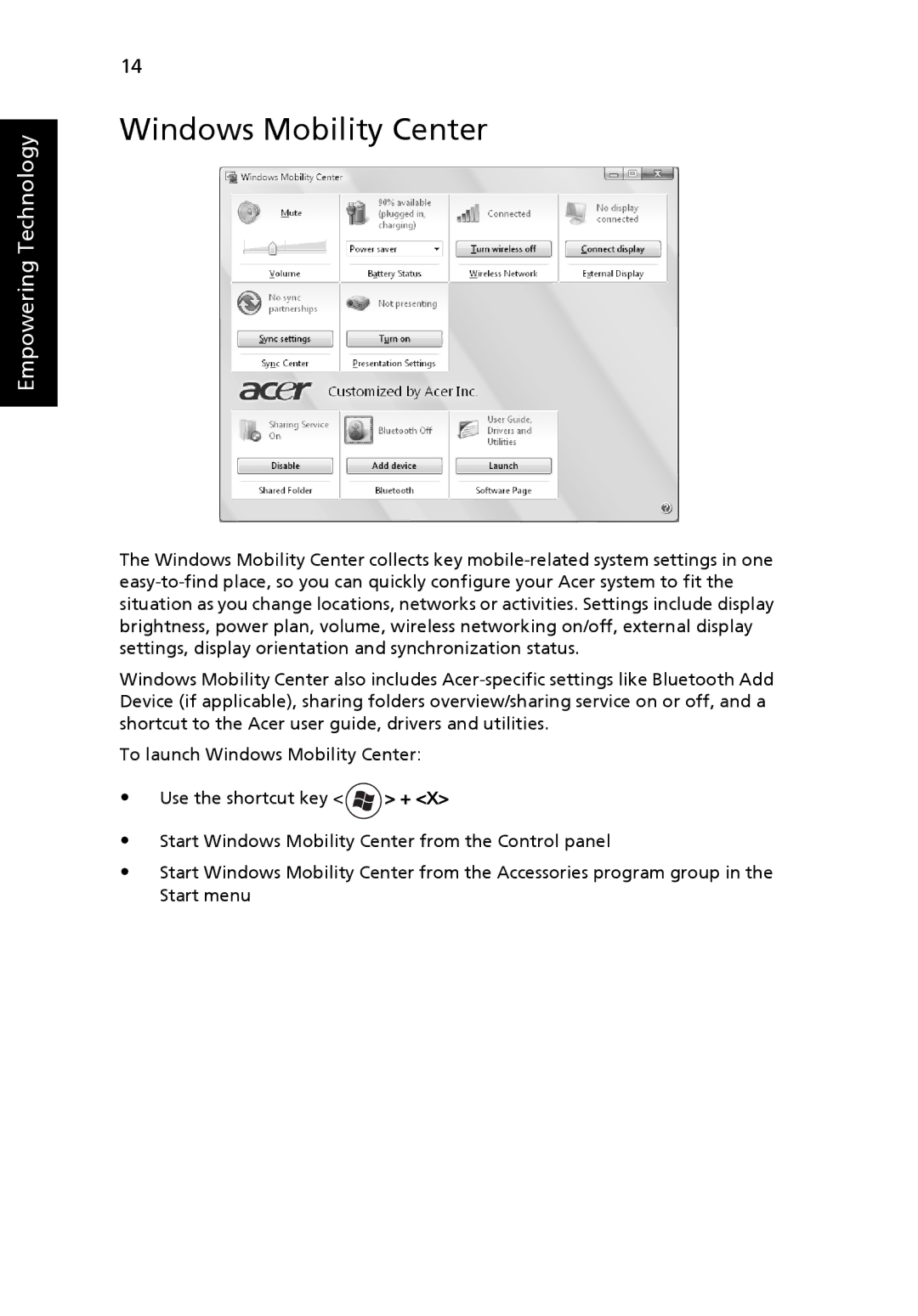 Acer 5220, 5520G manual Windows Mobility Center 