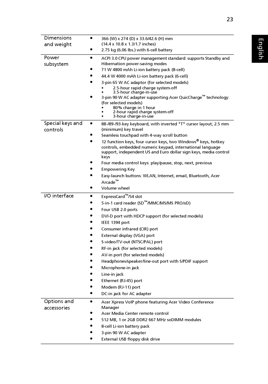 Acer 5220, 5520G manual Dimensions 