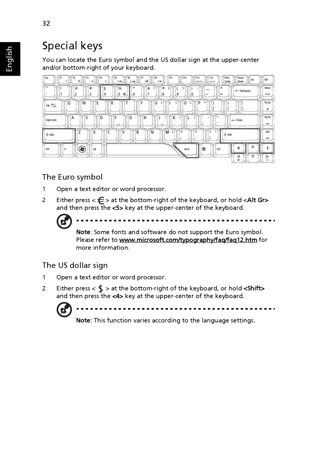 Acer 5220, 5520G manual Special keys, Euro symbol, US dollar sign 