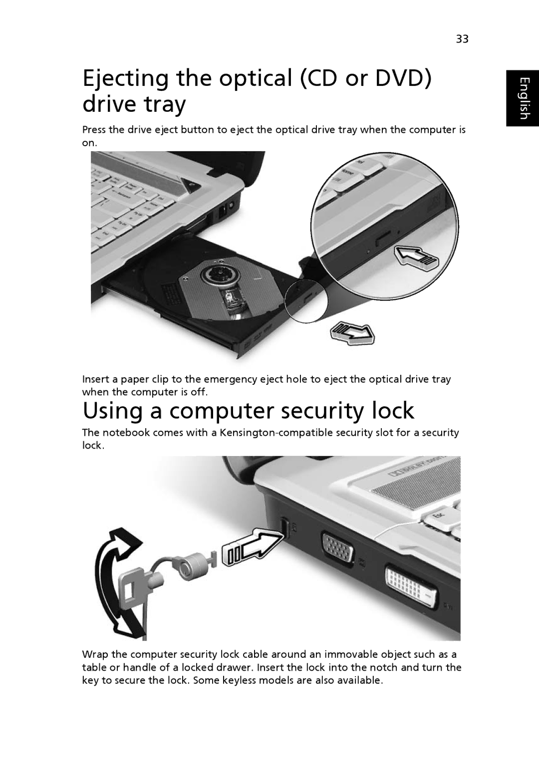 Acer 5520G, 5220 manual Ejecting the optical CD or DVD drive tray, Using a computer security lock 