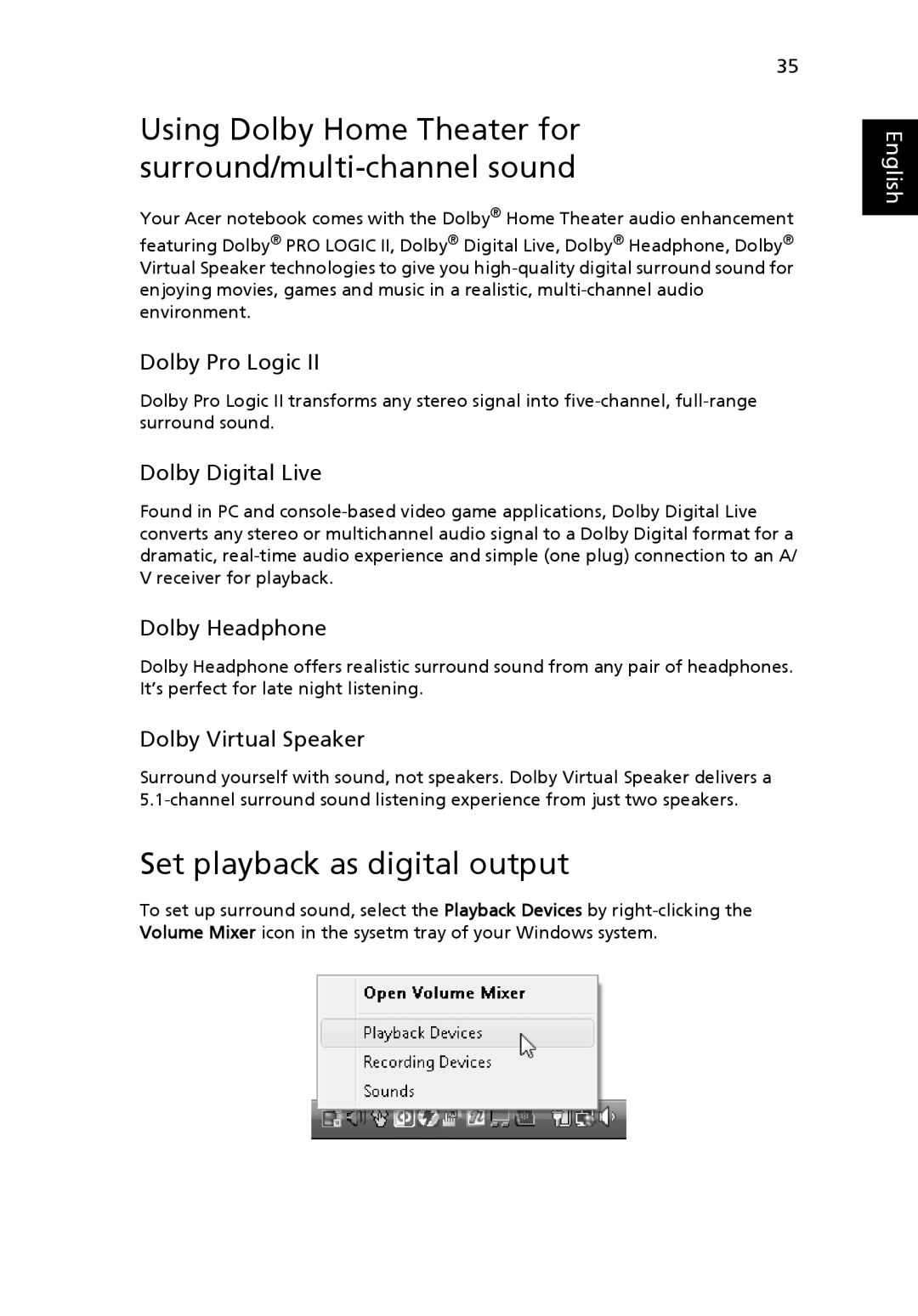 Acer 5220, 5520G manual Using Dolby Home Theater for surround/multi-channel sound, Set playback as digital output 