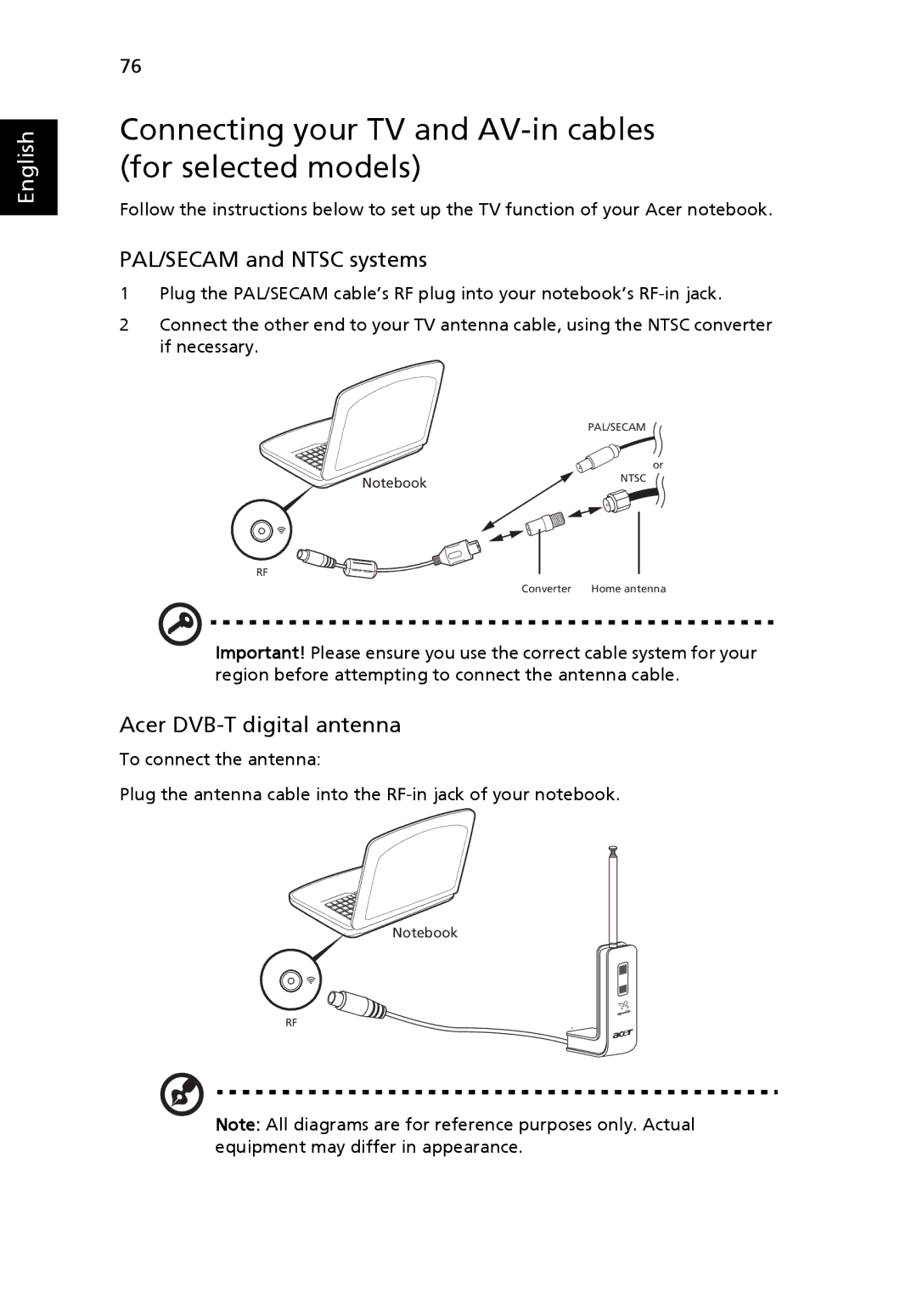 Acer 5520G Connecting your TV and AV-in cables for selected models, PAL/SECAM and Ntsc systems, Acer DVB-T digital antenna 