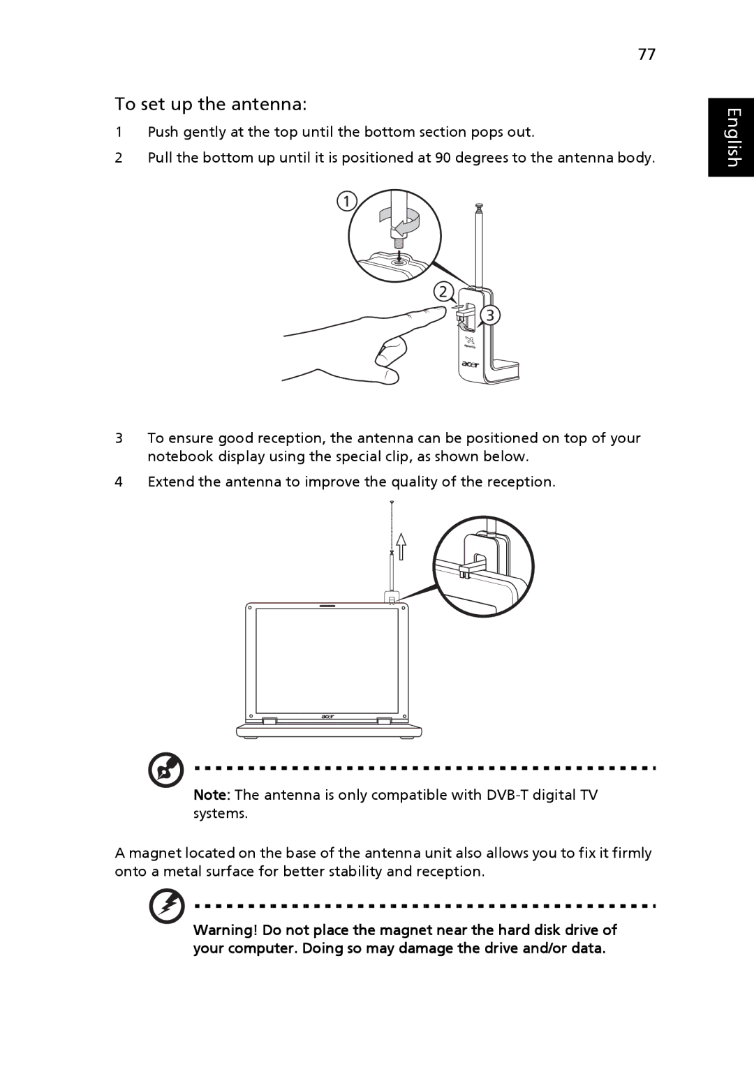 Acer 5220, 5520G manual To set up the antenna 