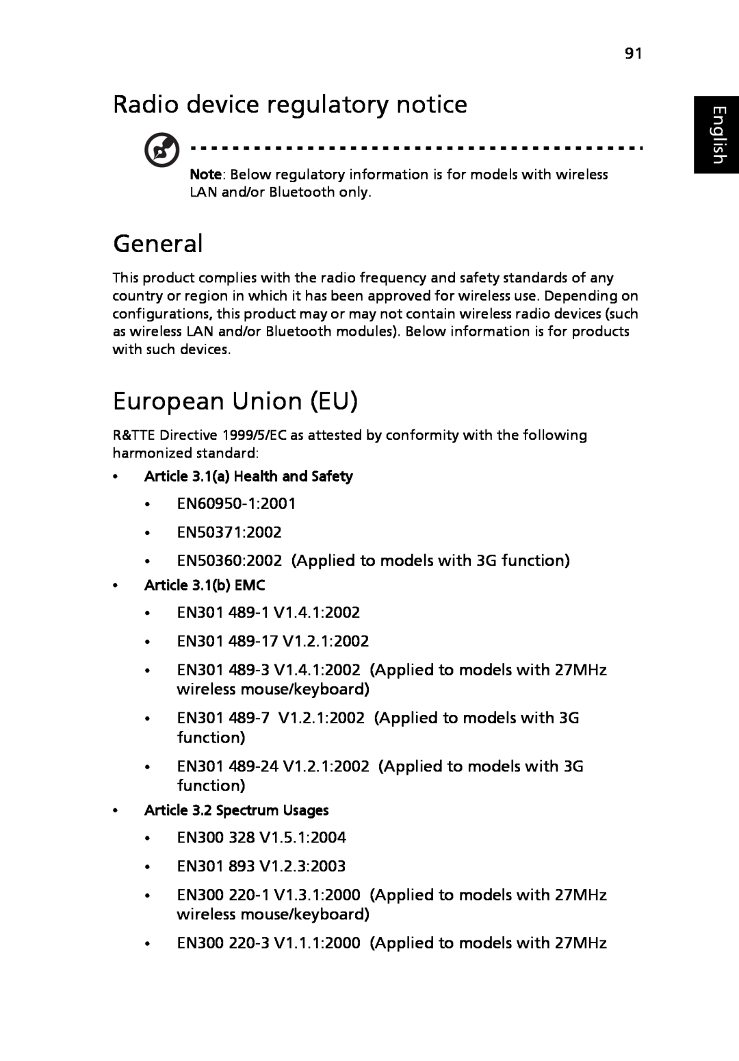 Acer 5520G, 5220 manual Radio device regulatory notice, General, European Union EU, English 