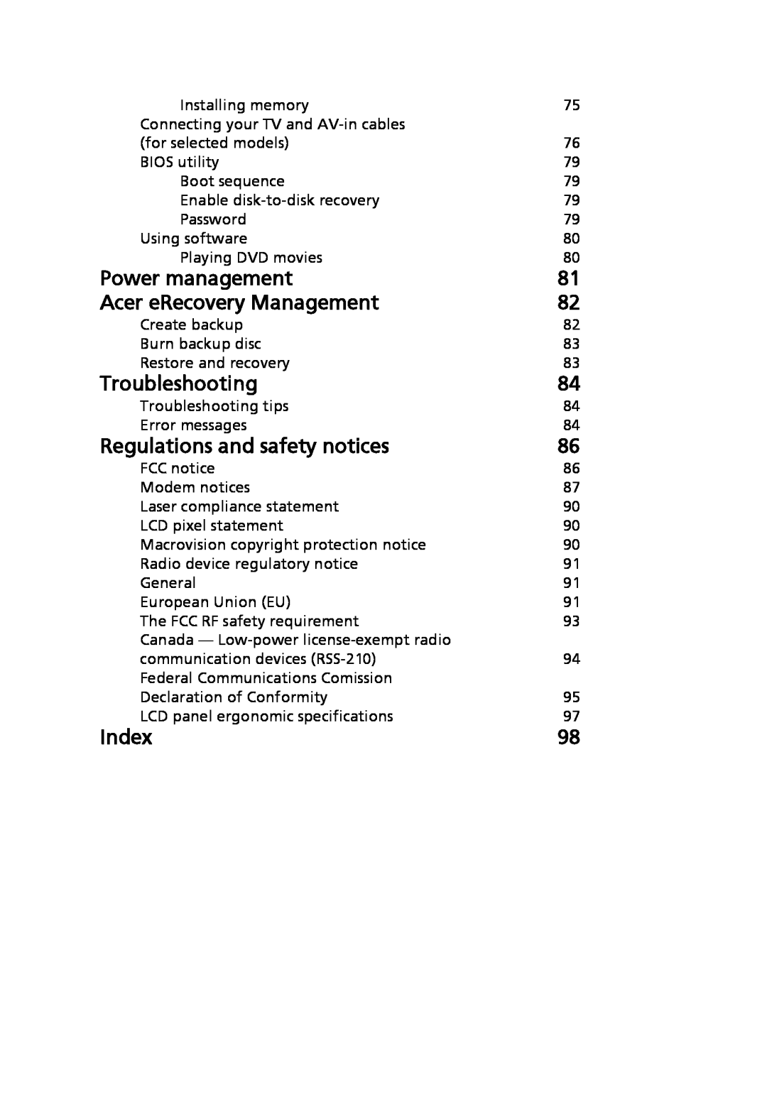 Acer 5520G, 5220 Power management, Acer eRecovery Management, Troubleshooting, Regulations and safety notices, Index 