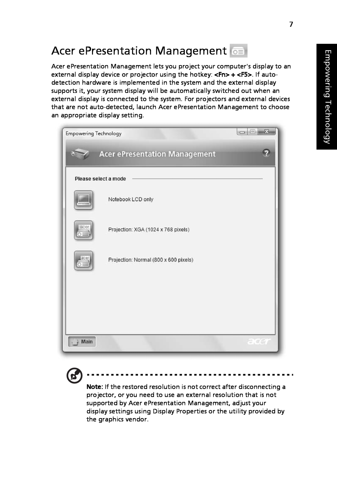 Acer 5520G, 5220 manual Acer ePresentation Management, Empowering Technology 