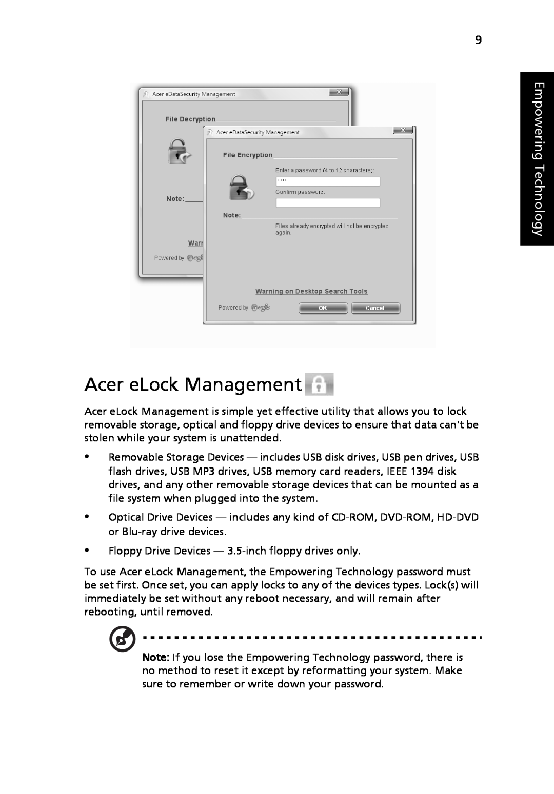 Acer 5520G, 5220 manual Acer eLock Management, Empowering Technology 