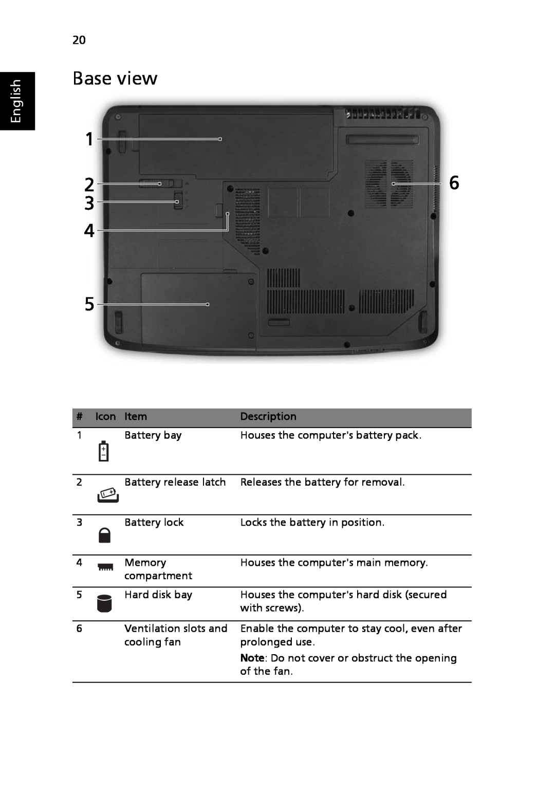 Acer 5220, 5520G manual Base view, English 