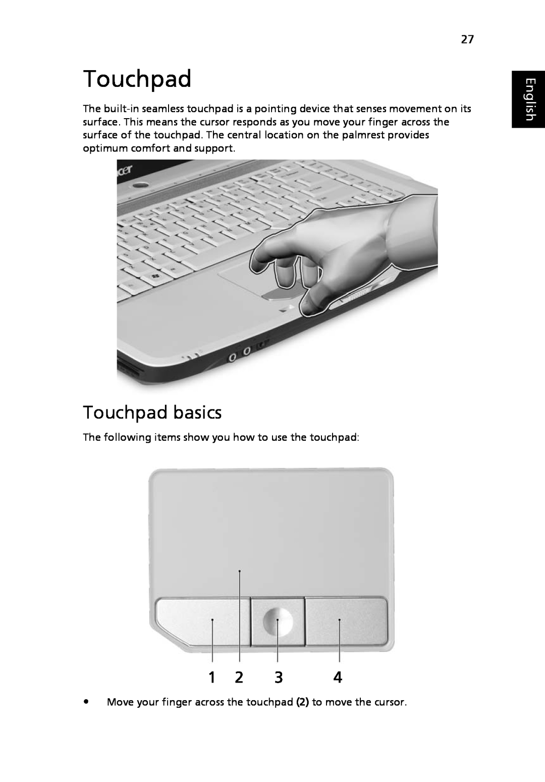 Acer 5520G, 5220 manual Touchpad basics, English 