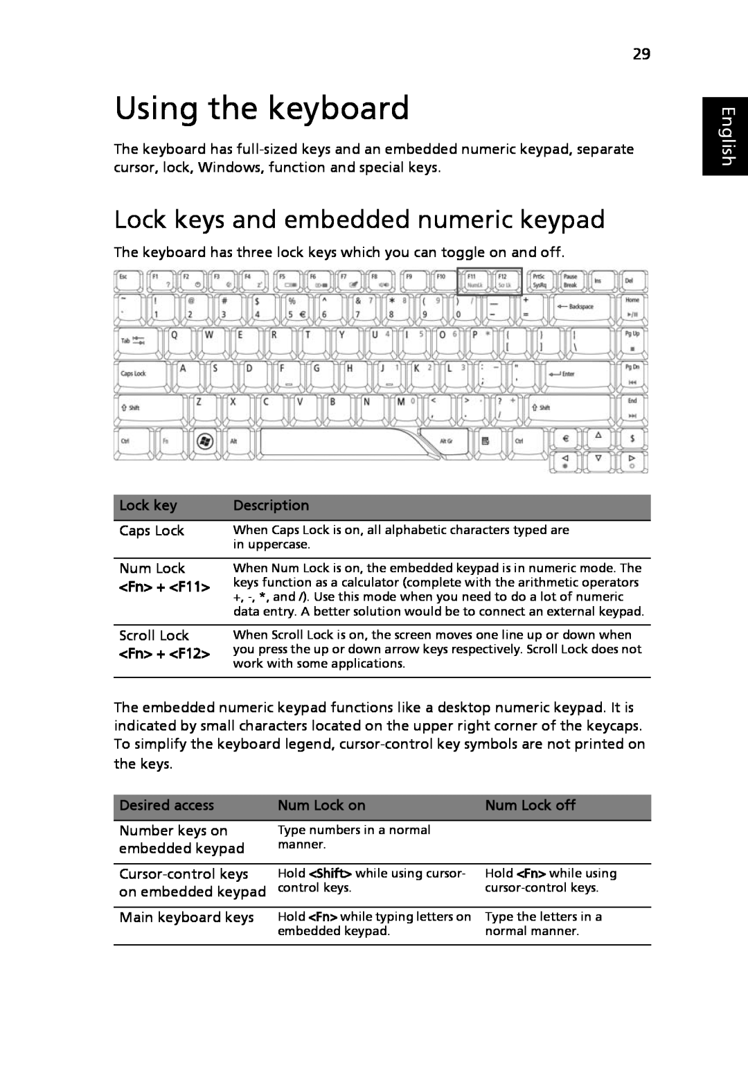 Acer 5220, 5520G manual Using the keyboard, Lock keys and embedded numeric keypad, English 