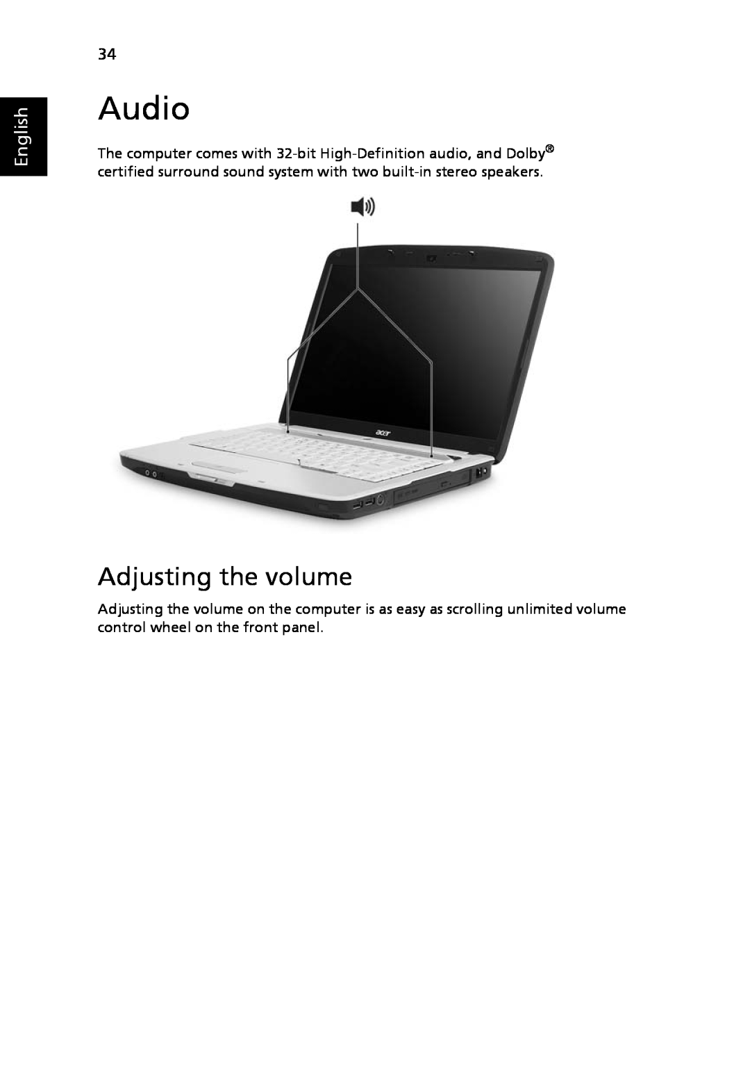 Acer 5520G, 5220 manual Audio, Adjusting the volume, English 