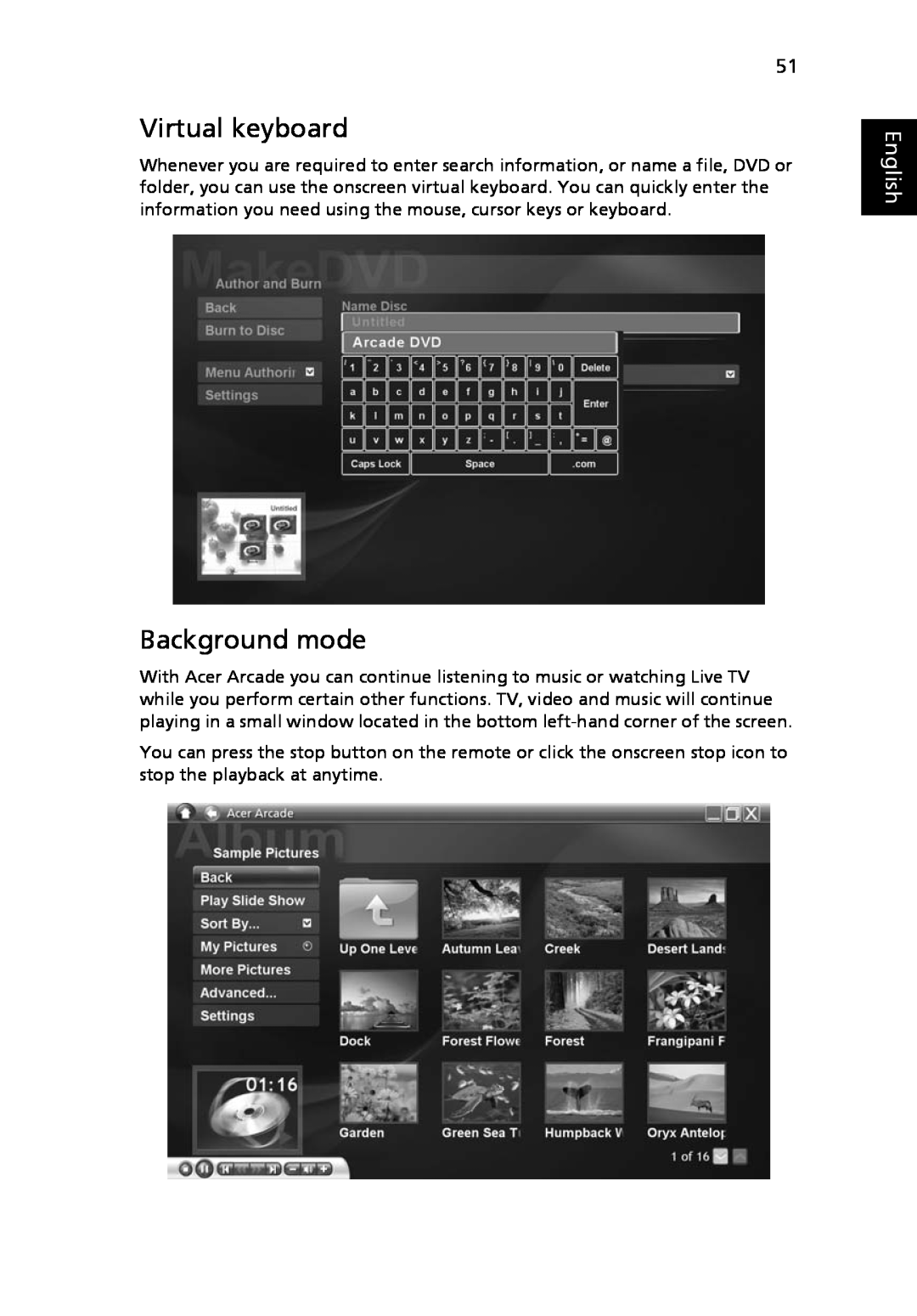 Acer 5520G, 5220 manual Virtual keyboard, Background mode, English 