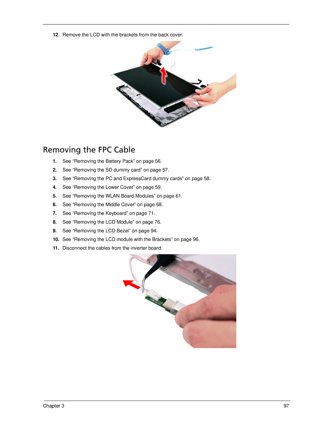 Acer 5530 manual Removing the FPC Cable, Remove the LCD with the brackets from the back cover 