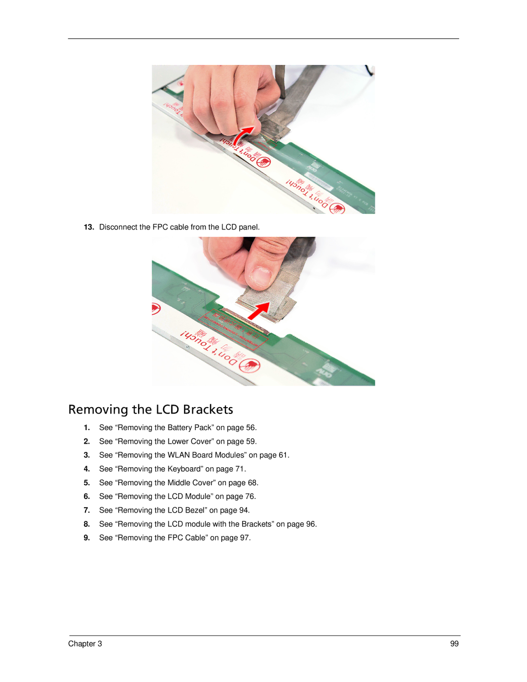 Acer 5530 manual Removing the LCD Brackets, Disconnect the FPC cable from the LCD panel 