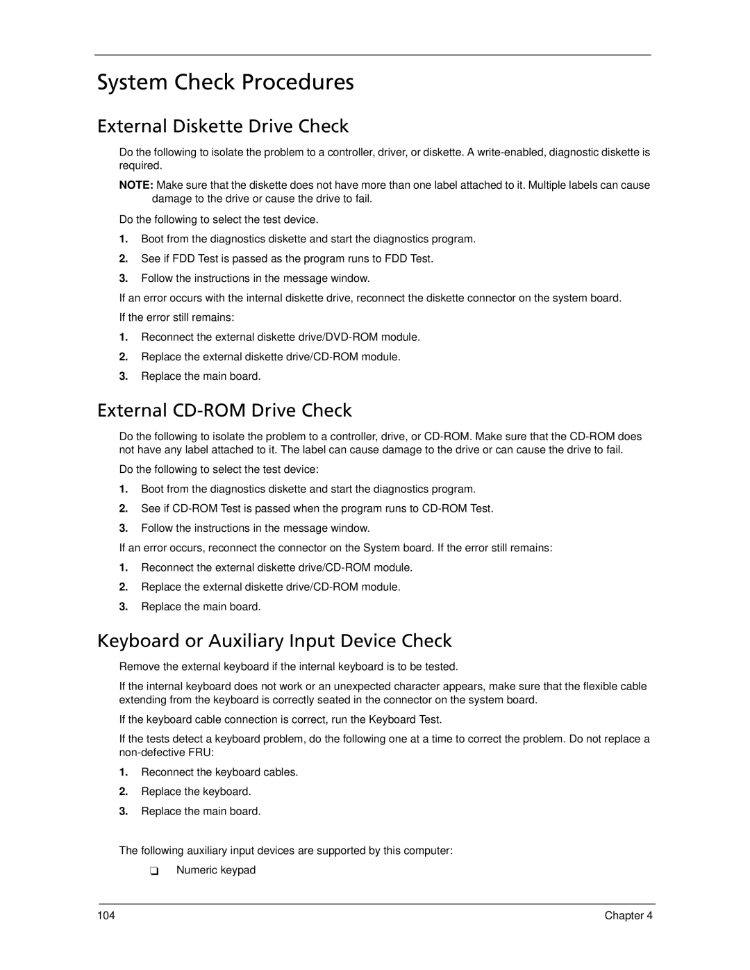 Acer 5530 manual System Check Procedures, External Diskette Drive Check, External CD-ROM Drive Check 