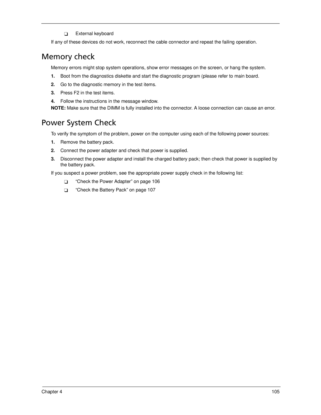 Acer 5530 manual Memory check, Power System Check 