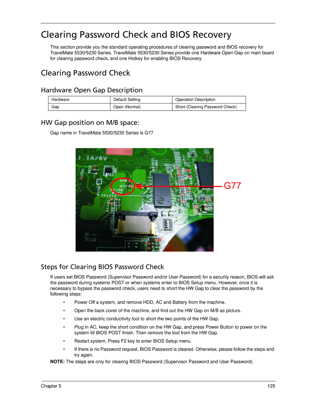 Acer manual Clearing Password Check and Bios Recovery, Gap name in TravelMate 5530/5230 Series is G77 