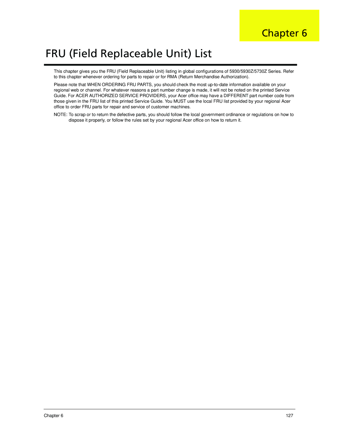 Acer 5530 manual FRU Field Replaceable Unit List 