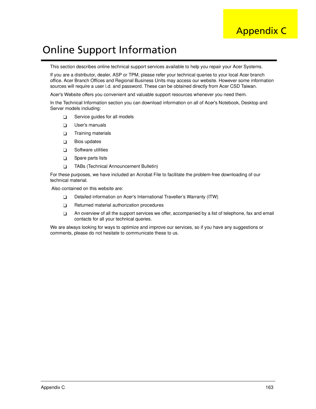 Acer 5530 manual Online Support Information, Appendix C 