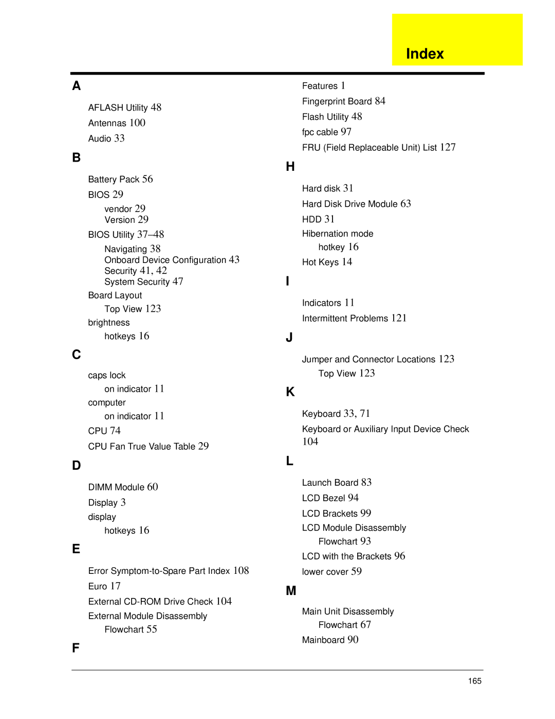 Acer 5530 manual Index, 165 