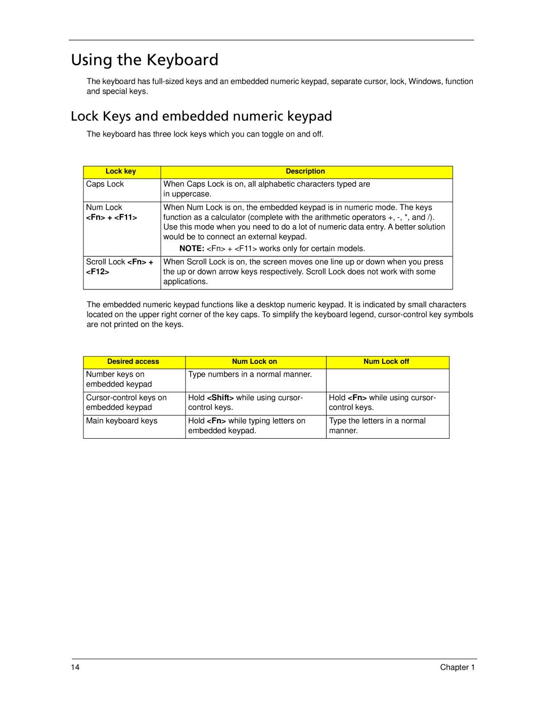 Acer 5530 manual Using the Keyboard, Lock Keys and embedded numeric keypad, Fn + F11, F12 