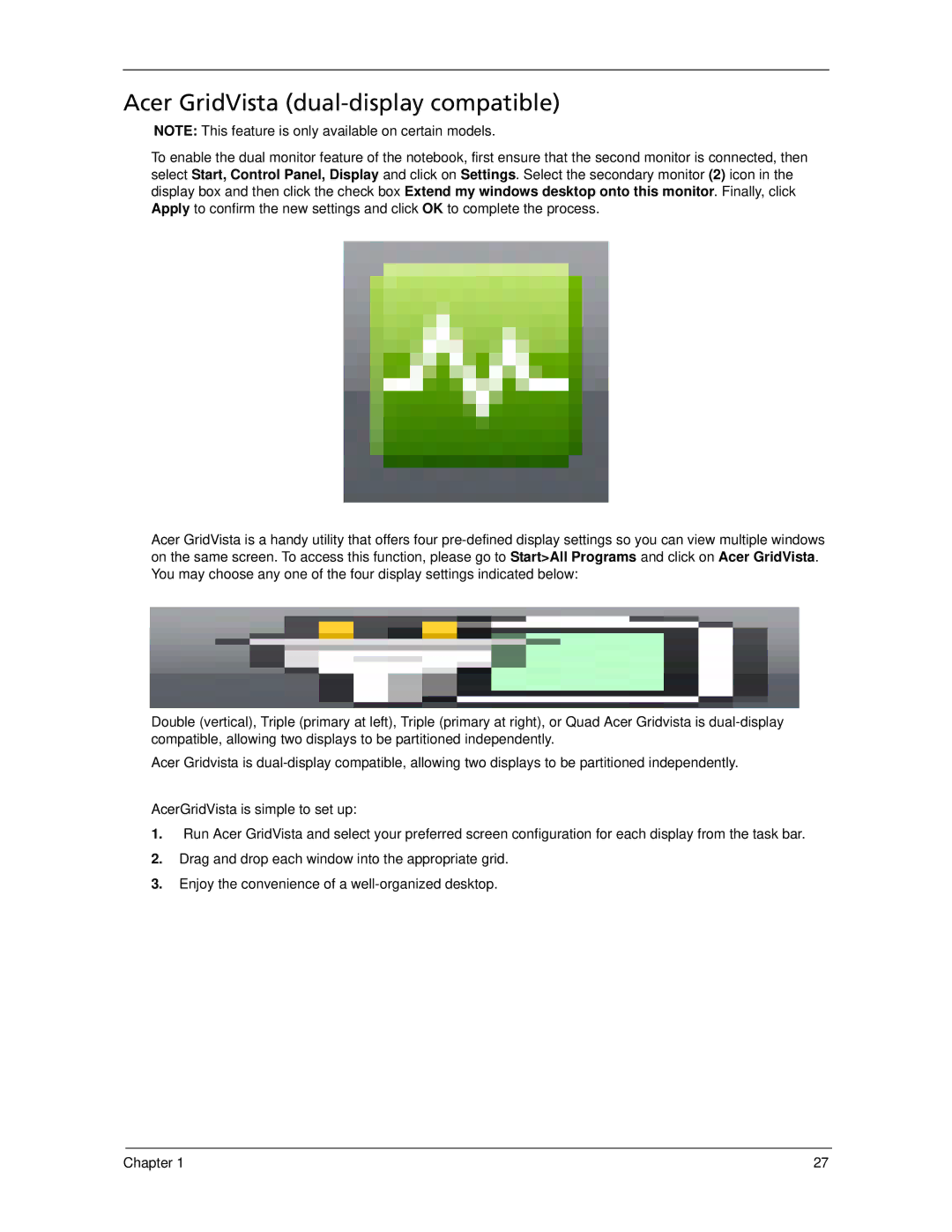 Acer 5530 manual Acer GridVista dual-display compatible 